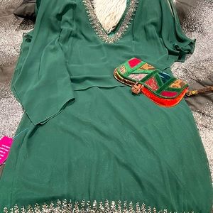 Party wear Dress. Dark Green short dress with shiny black beats.